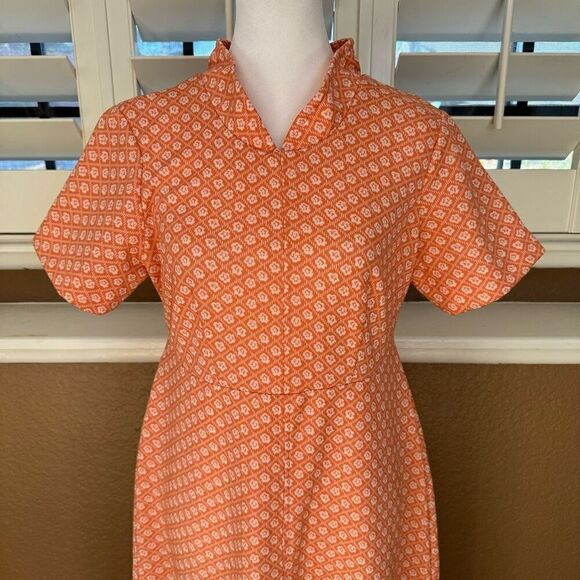 Vintage Women's M Handmade Collared Midi Dress Orange Floral Mid Mod Retro Style - Picture 2 of 9